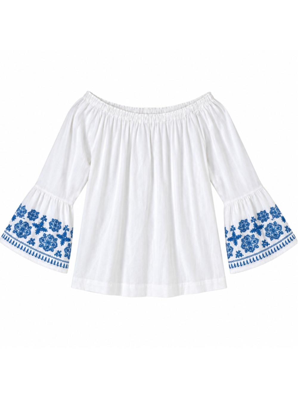 Chaps Ralph Lauren 2X White Blue Embroidered Peasant Blouse Off Shoulder Boho
